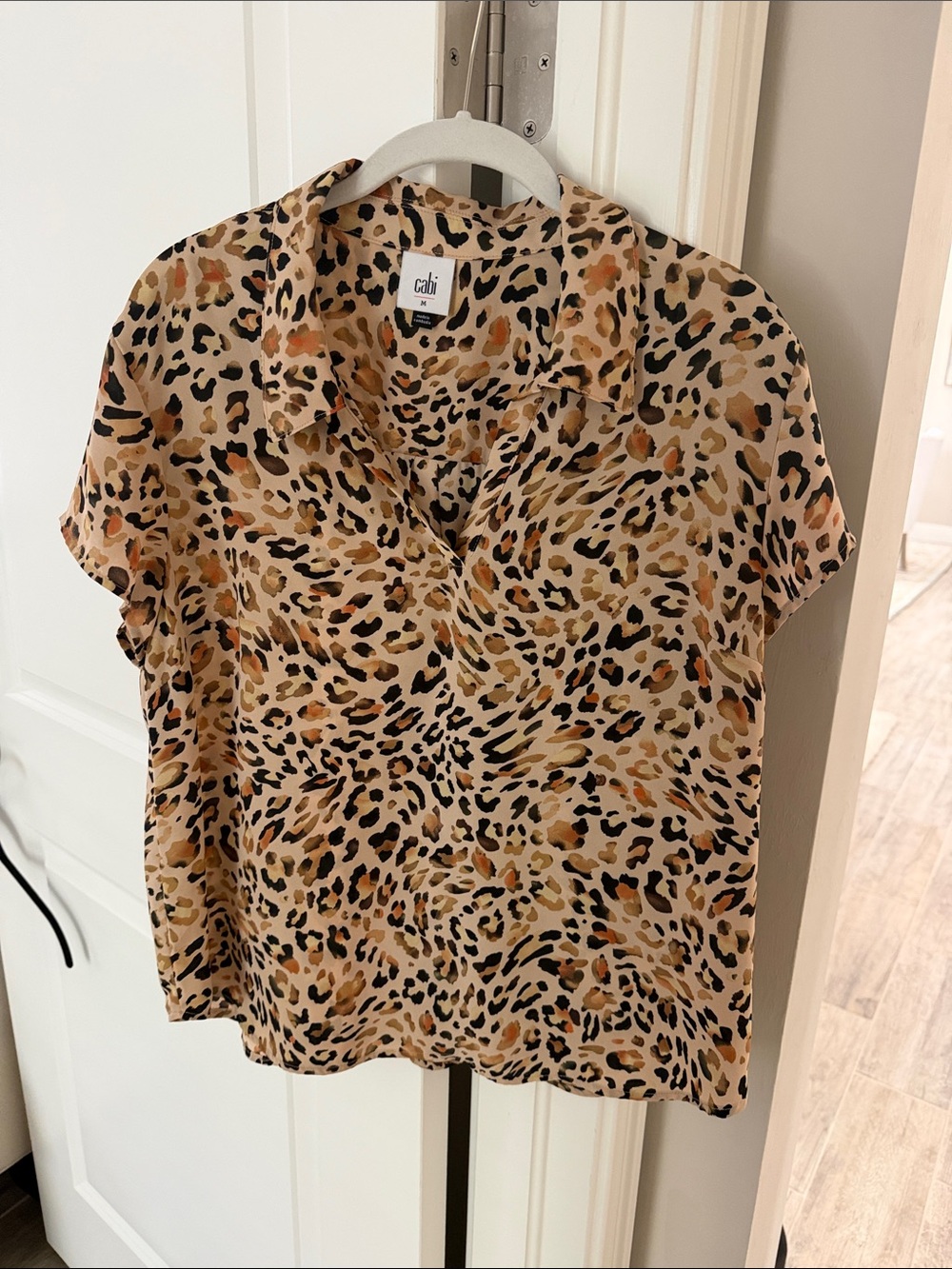 CAbi Lynx Top Short Sleeve Leopard Print Blouse - Tan, Black, Gold